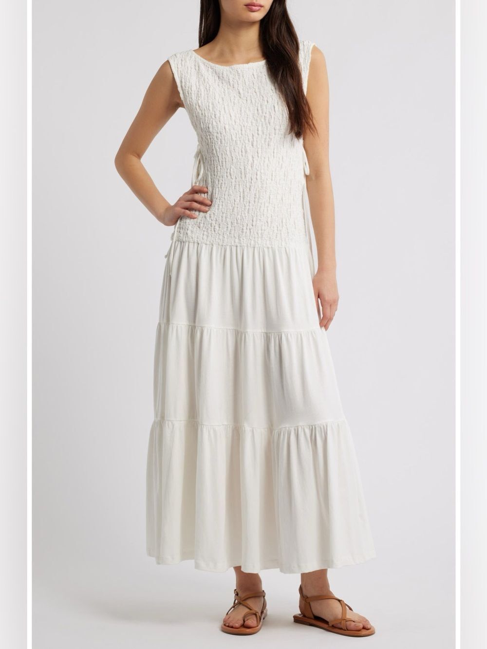 Free People Sterling Smocked Side Tie Maxi Dress Ivory Textured Smocked Top Med